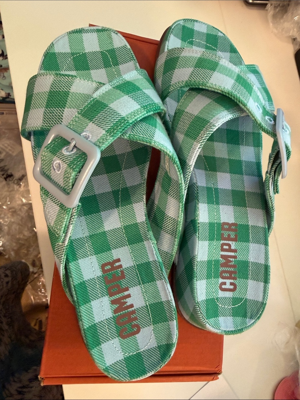 Camper green Gingham Cross-Strap Slides